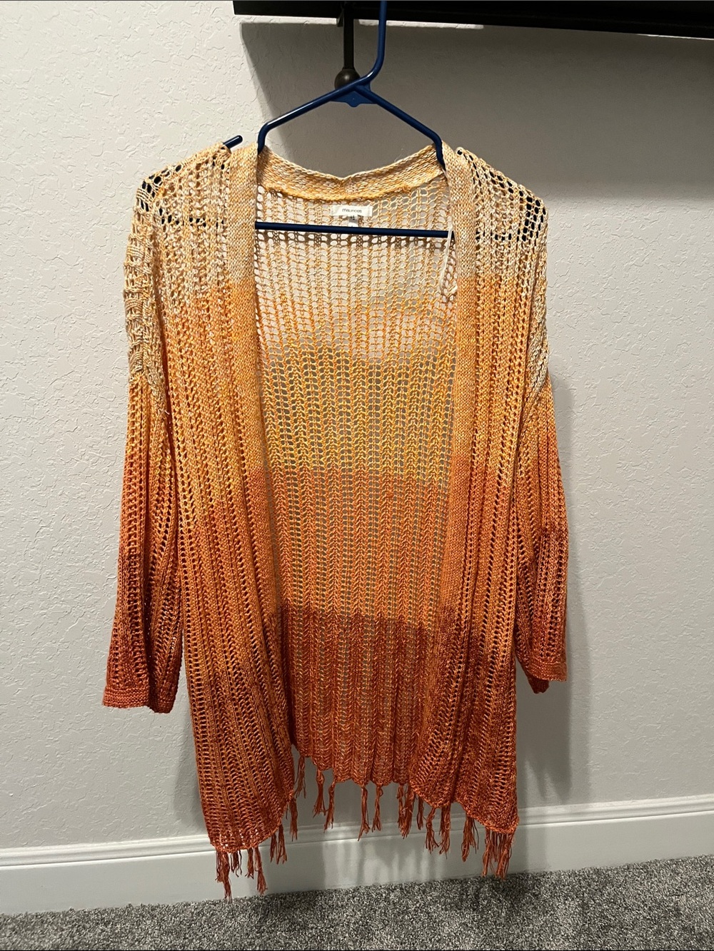 Maurices Open-Knit Ombre Fringe Cardigan - Yellow to Orange